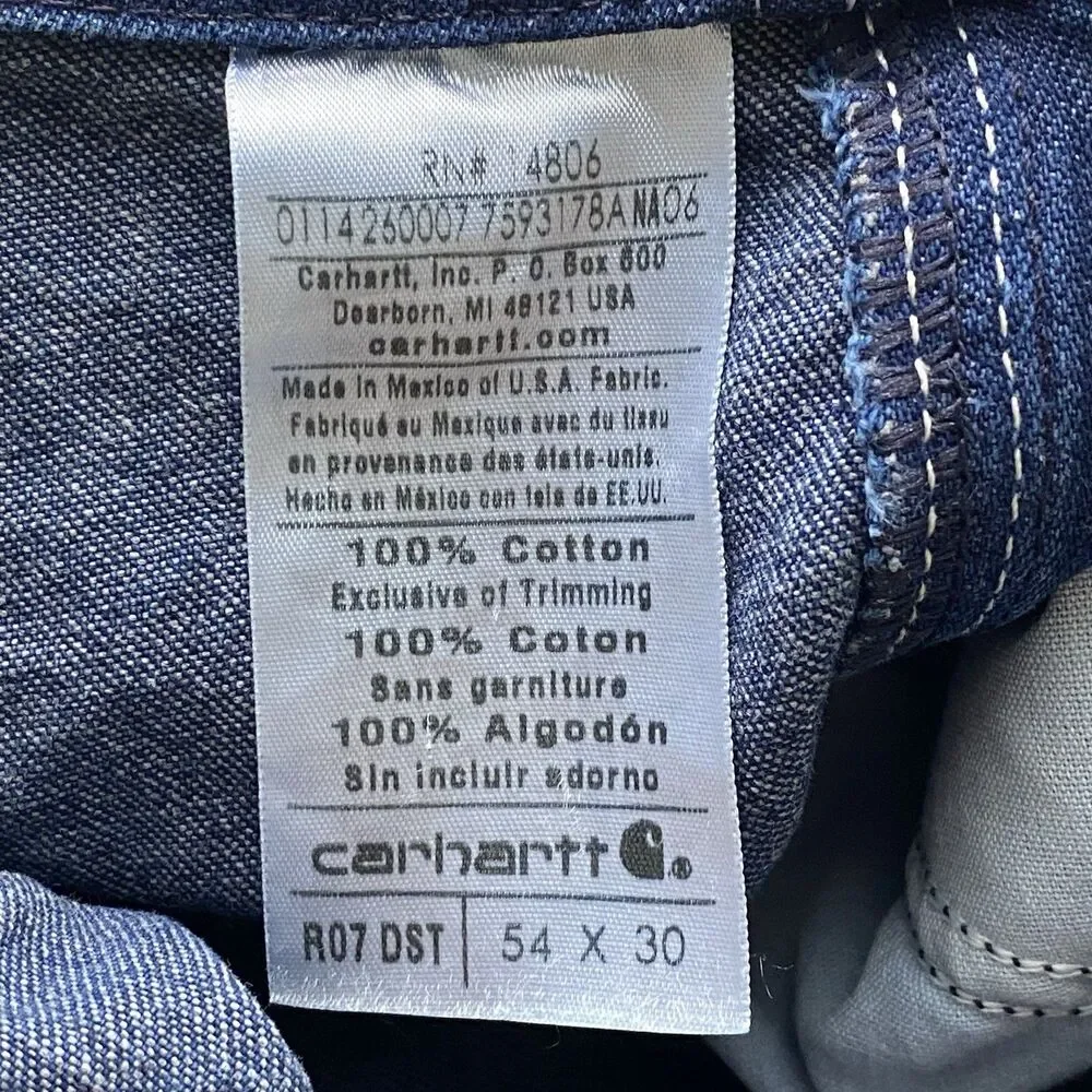 Carhartt Carpenter Overalls Mens 54x30 Blue Denim Bib Relaxed Fit Workwear